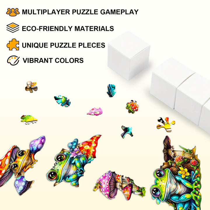 Colorful frog family puzzle pieces showcasing eco-friendly materials and vibrant colors for multiplayer gameplay.