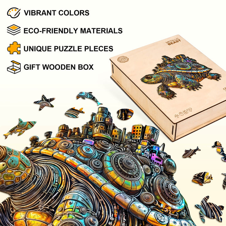Metallic Beast Wooden Jigsaw Puzzle featuring vibrant colors, unique pieces, and eco-friendly materials in a gift box.