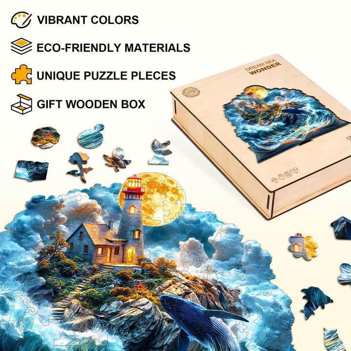 Dream Sea Wonder wooden jigsaw puzzle featuring vibrant colors, eco-friendly materials, and unique pieces in a gift box.