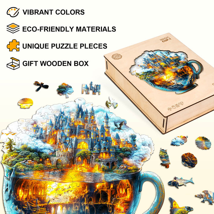 Magic cup-1 wooden jigsaw puzzle featuring vibrant colors, eco-friendly materials, and unique pieces in a gift box.