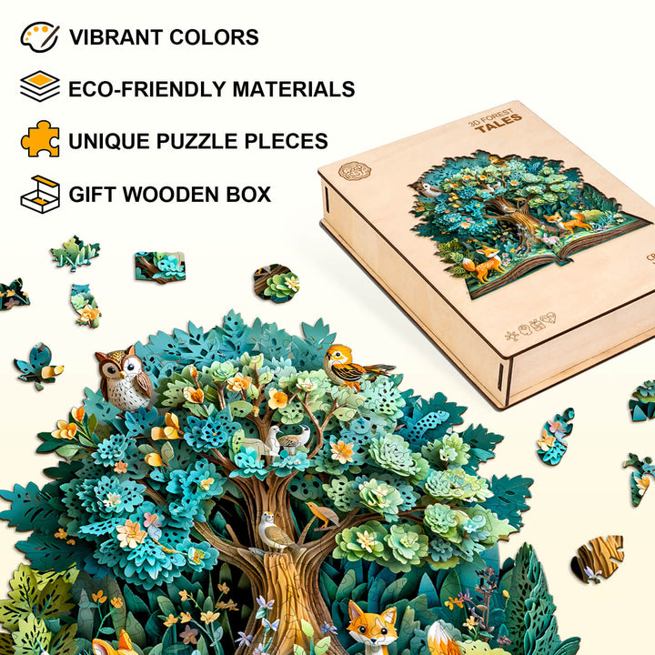 3D Forest Tales wooden jigsaw puzzle showcasing vibrant colors, eco-friendly materials, and unique pieces in a gift box.