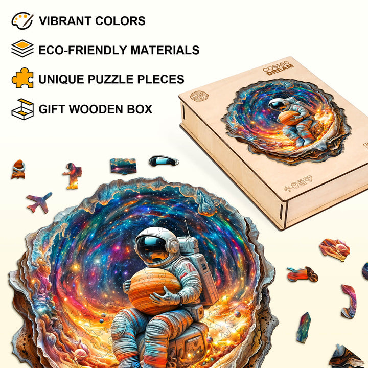 Cosmic Dream Wooden Jigsaw Puzzle showcasing vibrant colors, unique pieces, and eco-friendly materials in a gift box.