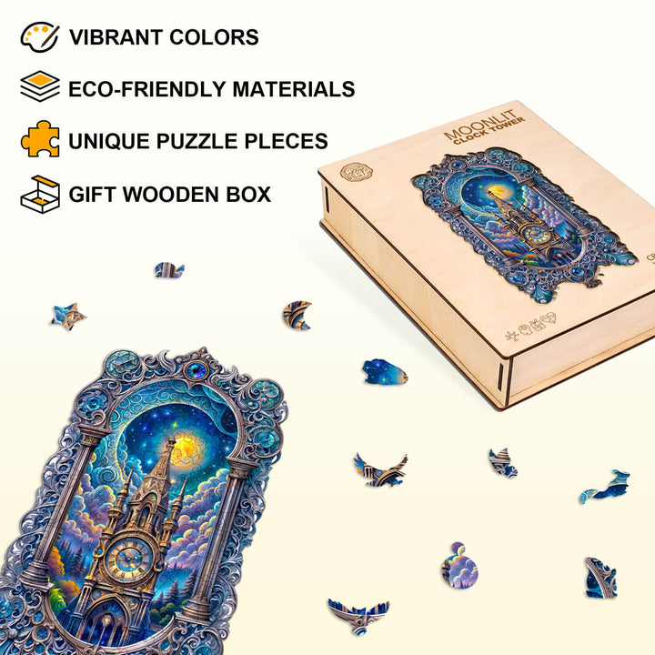 Moonlit clock tower wooden jigsaw puzzle with vibrant colors, eco-friendly materials, and unique pieces in a gift box.
