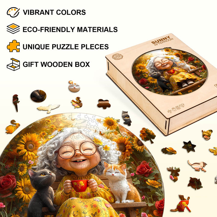 Sunny afternoon wooden jigsaw puzzle with vibrant colors, eco-friendly materials, and unique pieces in a gift box.
