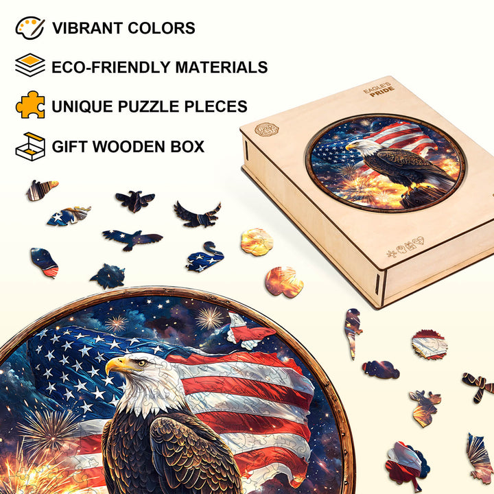 Eagle's Pride Wooden Jigsaw Puzzle featuring vibrant colors, eco-friendly materials, and unique puzzle pieces in a gift box.