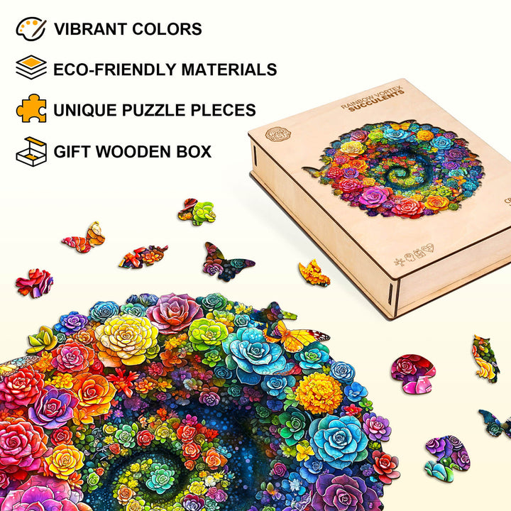 Rainbow vortex succulents Wooden Jigsaw Puzzle