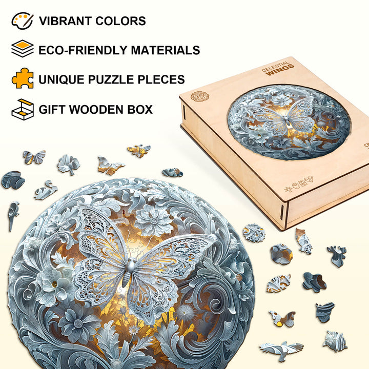 Celestial Wings Wooden Jigsaw Puzzle with vibrant colors and eco-friendly materials in a gift wooden box.