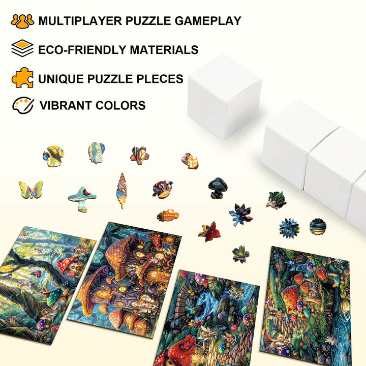 Colorful fairy village puzzle pieces showcasing eco-friendly materials and unique designs for multiplayer gameplay.