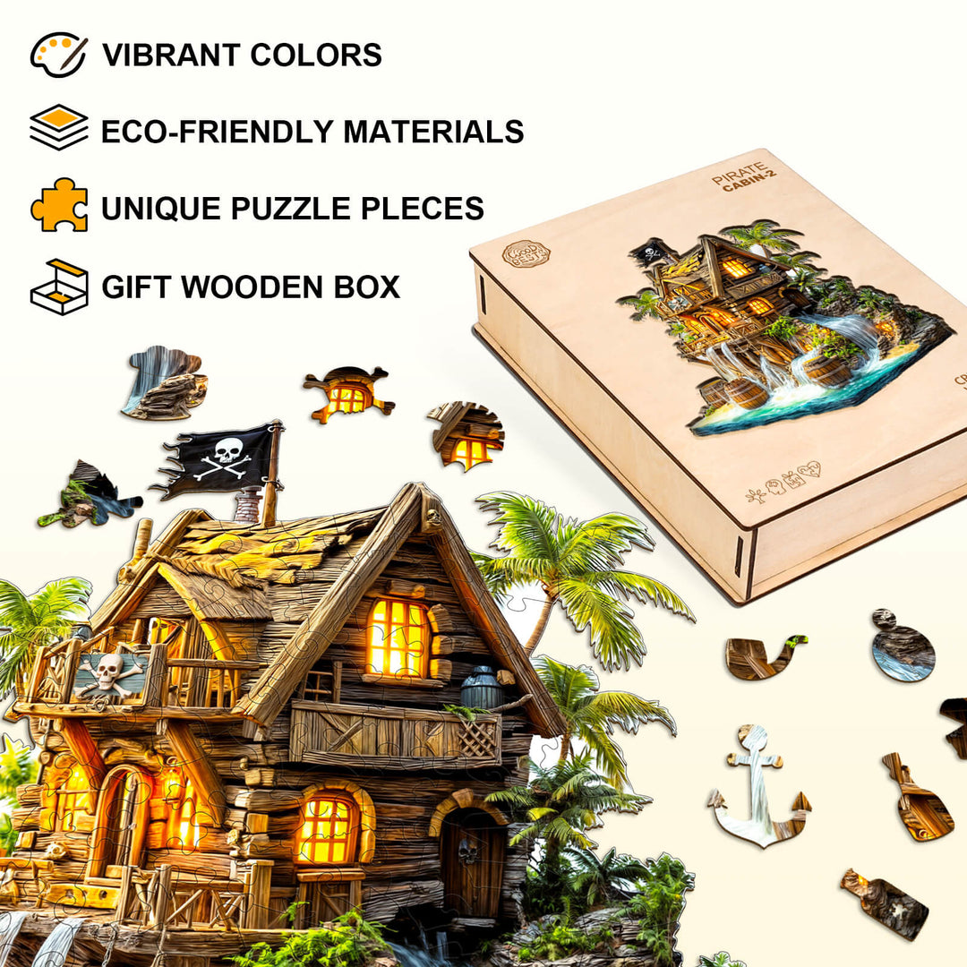 Pirate cabin-2 wooden jigsaw puzzle featuring vibrant colors, eco-friendly materials, and unique pieces in a gift box.