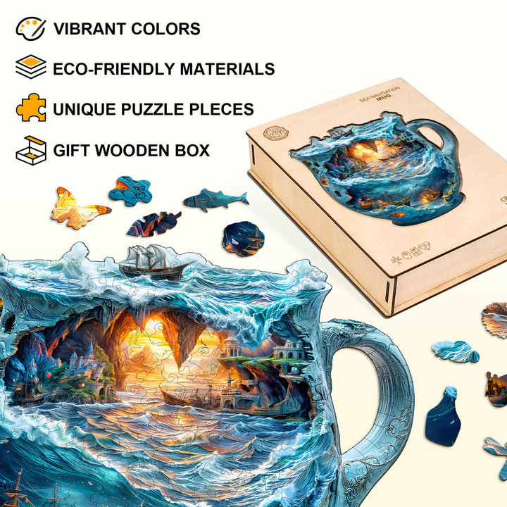 Colorful sea navigation mug jigsaw puzzle in eco-friendly materials, presented in a gift wooden box with unique pieces.