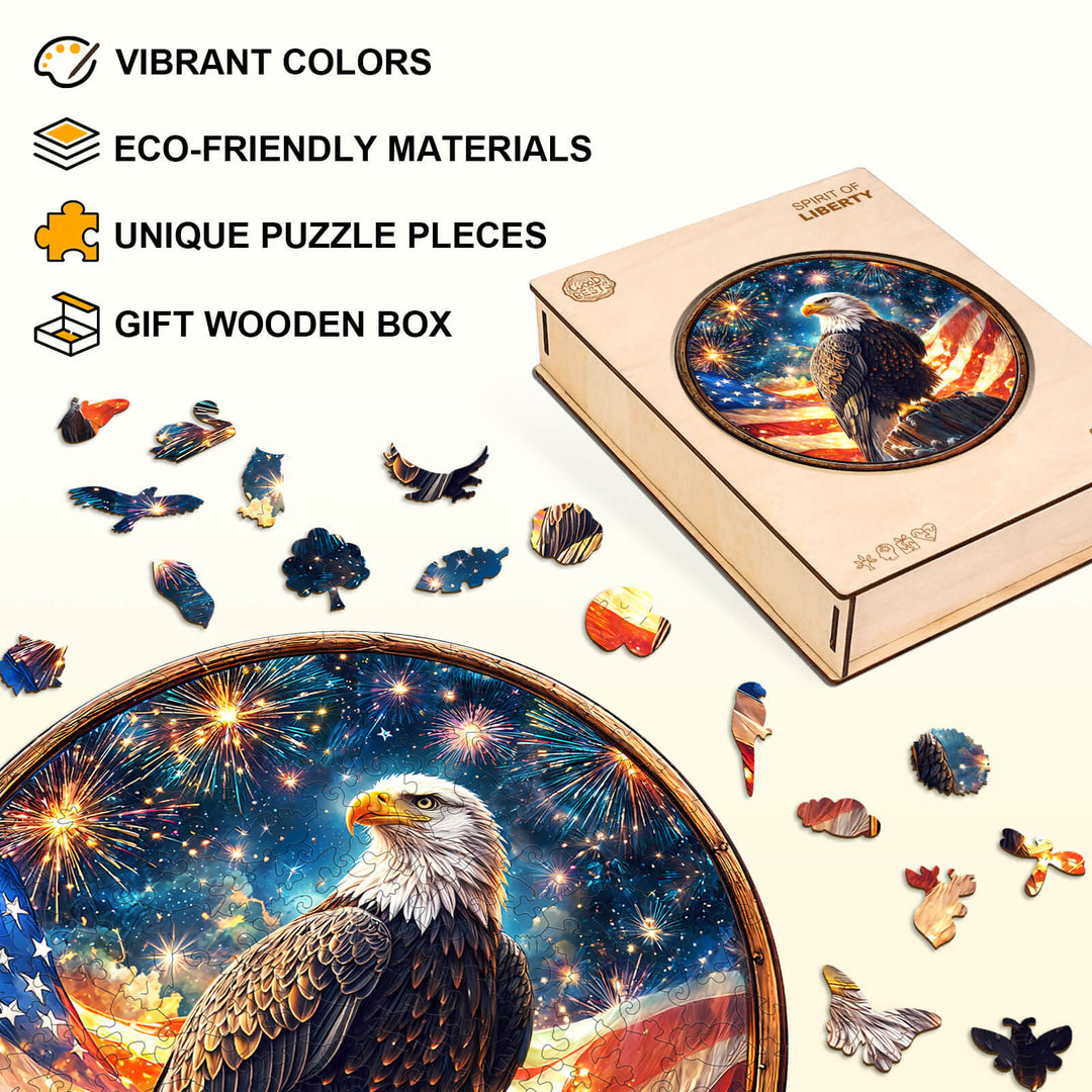 Spirit of Liberty Wooden Jigsaw Puzzle showcasing eagle design, vibrant colors, unique pieces, eco-friendly materials, and gift box.