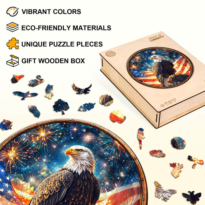 Spirit of Liberty Wooden Jigsaw Puzzle showcasing eagle design, vibrant colors, unique pieces, eco-friendly materials, and gift box.