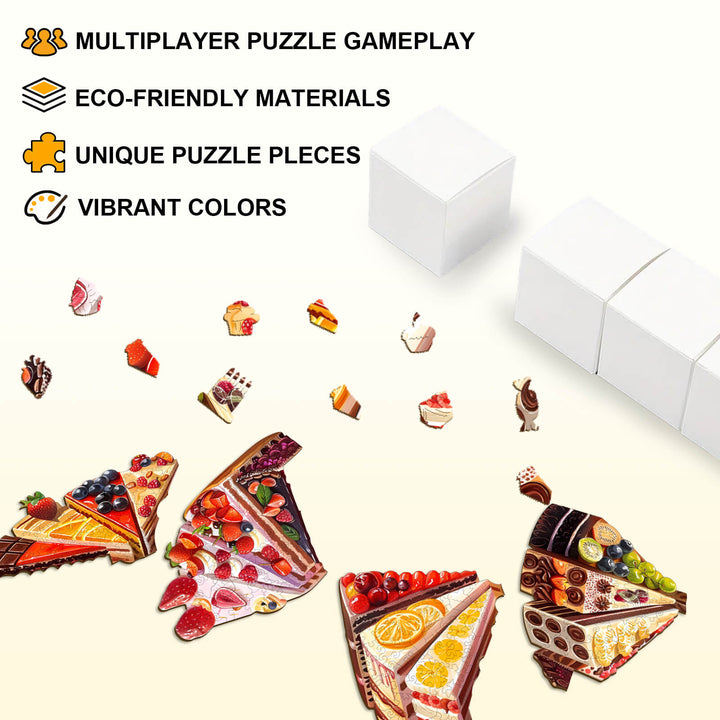 Delicious Cake puzzle featuring vibrant pieces, eco-friendly materials, and multiplayer gameplay for focused fun.