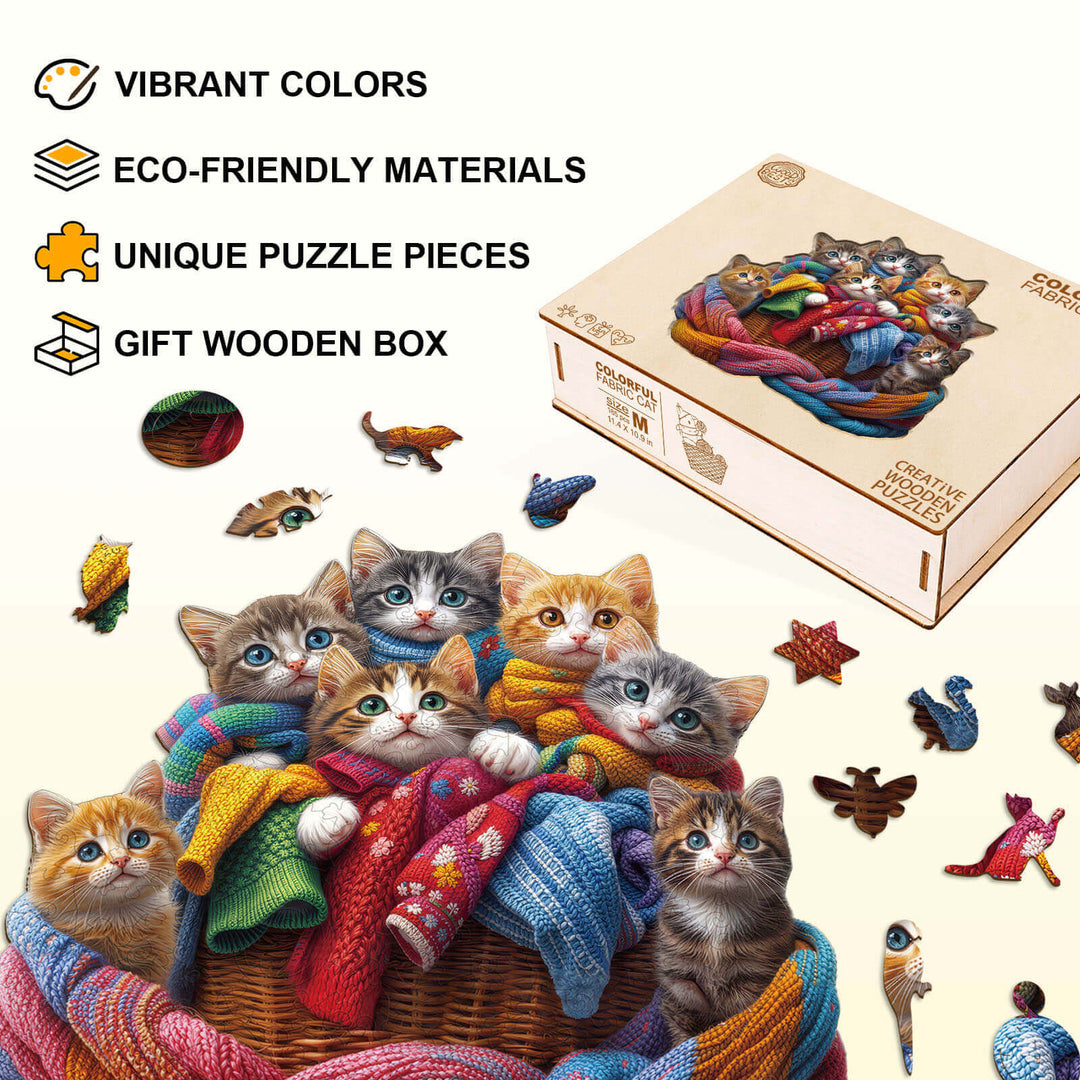 Buntes Stoffkatzen-Holzpuzzle