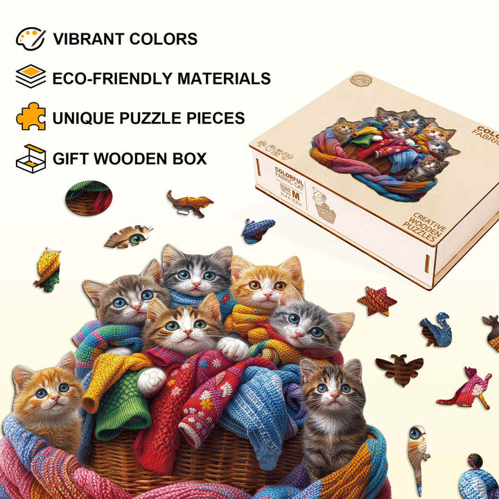 Buntes Stoffkatzen-Holzpuzzle