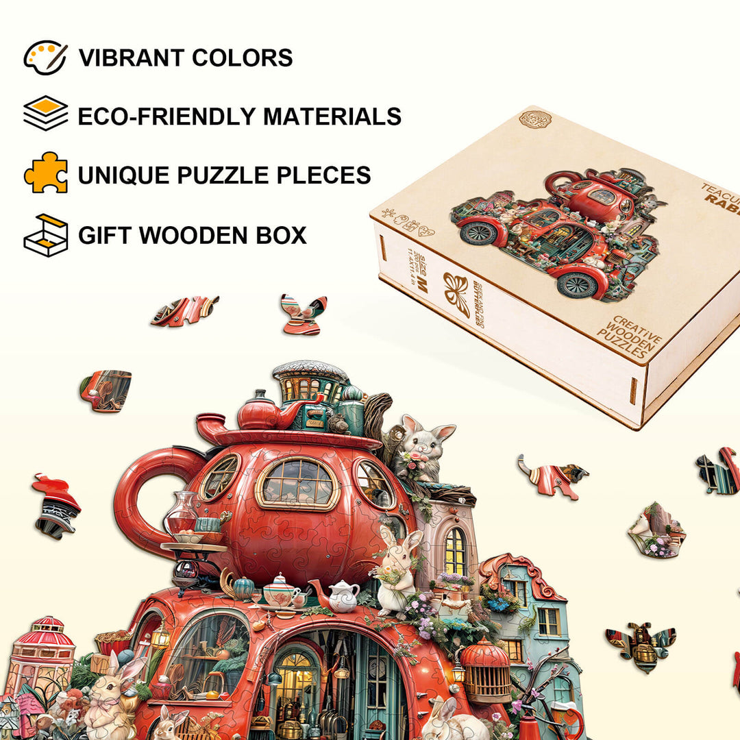 Puzzle en bois en forme de lapin flottant dans une tasse à thé