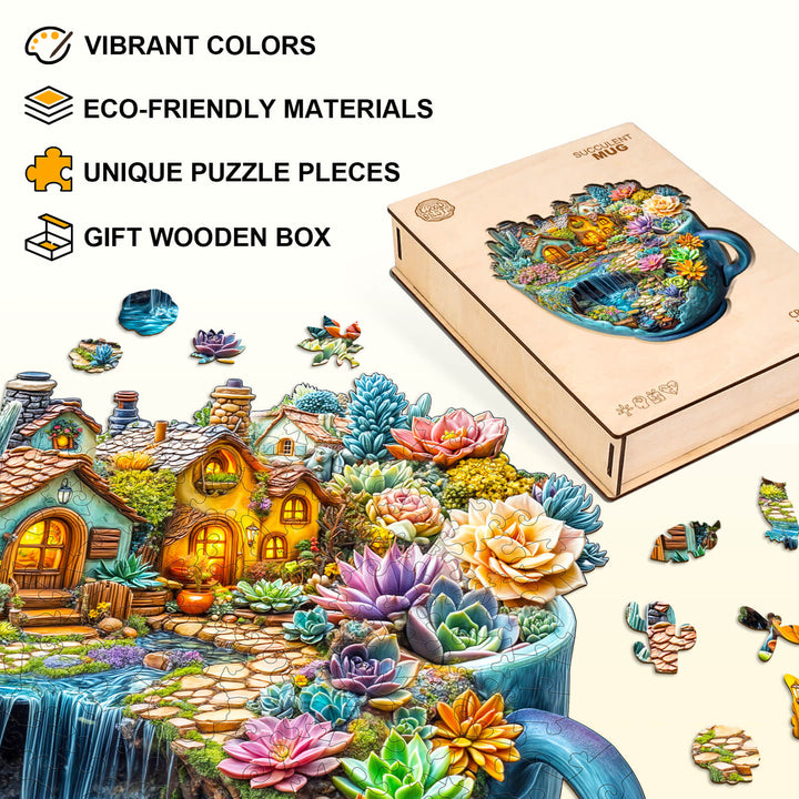 Vibrant colors of the Succulent Mug Wooden Jigsaw Puzzle featuring eco-friendly materials and unique puzzle pieces.