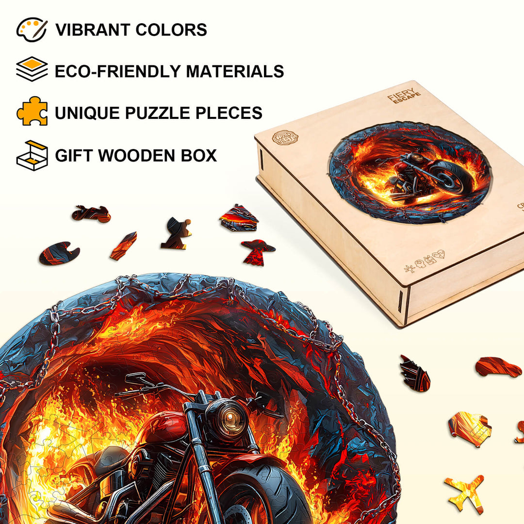 Fiery Escape Wooden Jigsaw Puzzle featuring vibrant colors, eco-friendly materials, and unique pieces in a gift box.