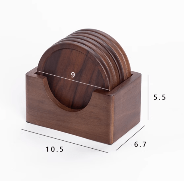 Minimalist walnut wooden coasters in holder, showcasing natural texture and elegant design for tabletop protection.