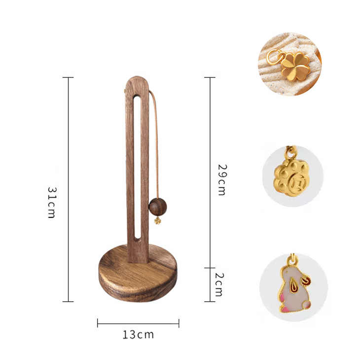 Wooden kitchen paper towel holder with pendant charms and anti-scatter rope, showcasing natural elegance.
