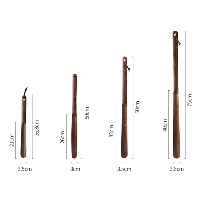 Variety of walnut shoe horns in different sizes, showcasing natural wood and ergonomic design.
