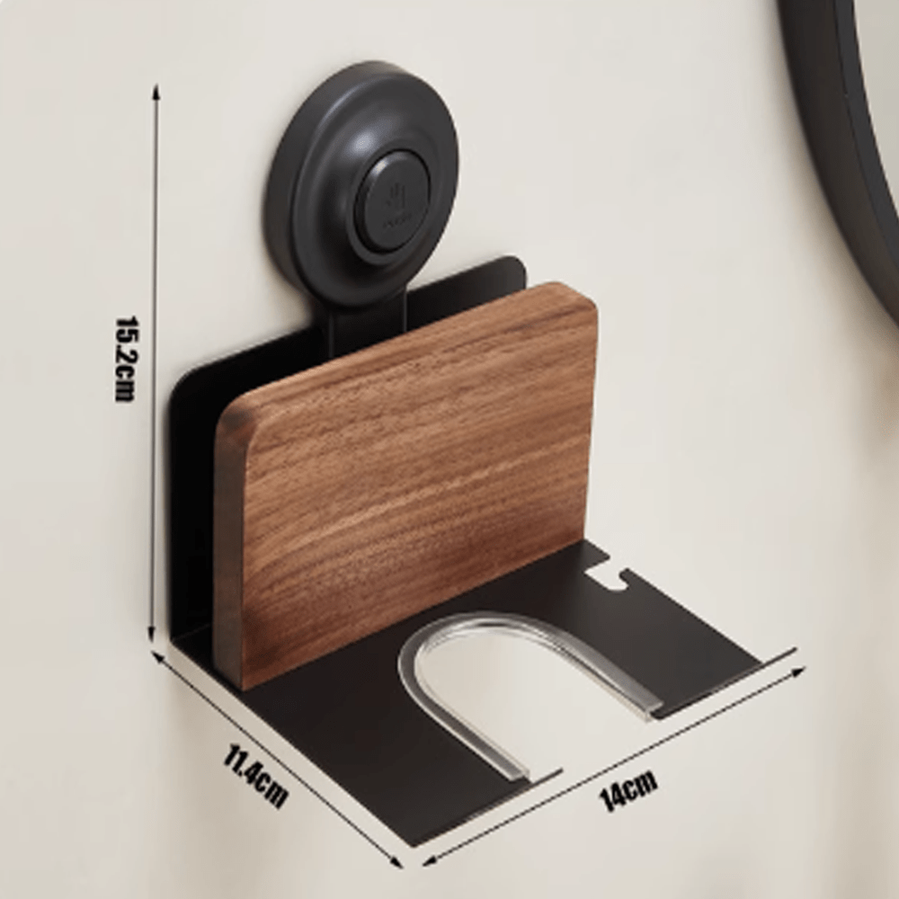 Suction cup Maillard walnut hair dryer stand features dimensions and stylish design without wall damage.