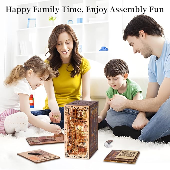 Family enjoying assembly fun with Duchess Wardrobe DIY Book Nook Kit wooden puzzle in a cozy living room.
