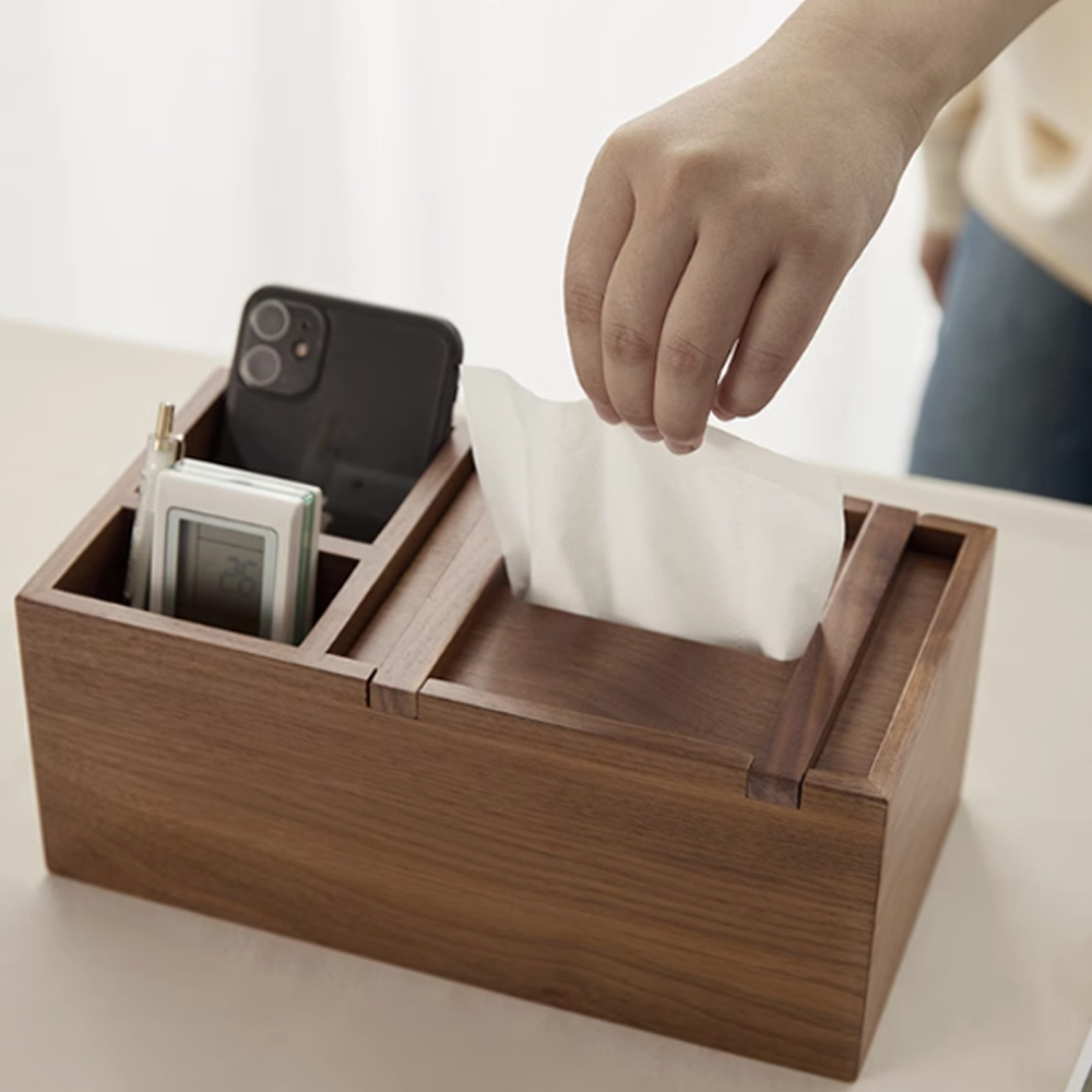 Wooden multifunctional tissue box made of walnut, featuring compartments for tissues and small accessories.