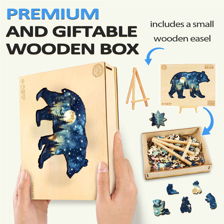 Astral Bear Wooden Jigsaw Puzzle in premium wooden box with easel for gifting and puzzle exploration.