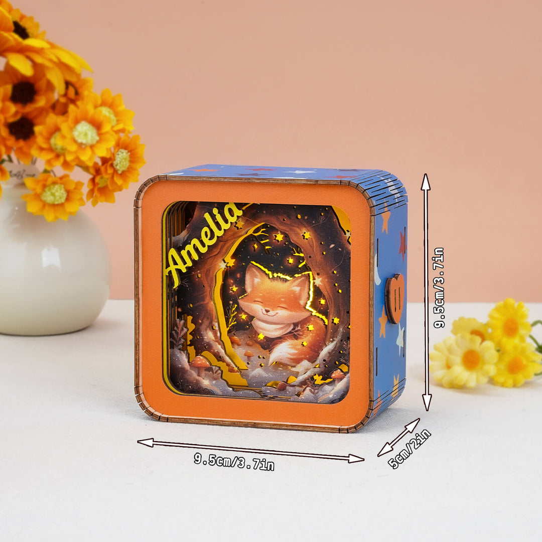 Personalized 3D night light puzzle with a fox illustration, perfect for home decor, dimensions labeled.