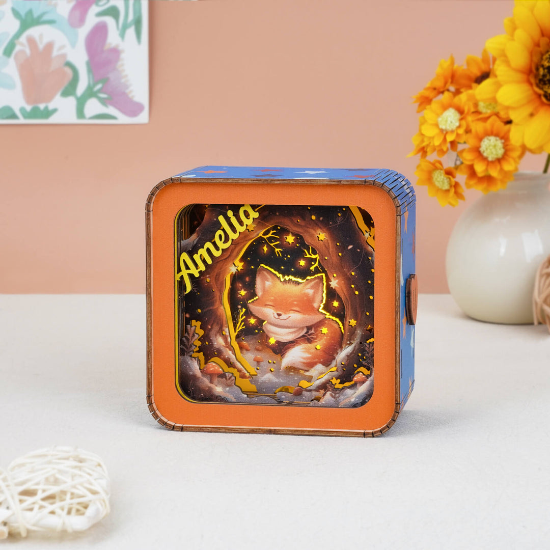Personalized 3D wooden puzzle night light featuring a cute fox and the name 'Amelia' in a cozy design.