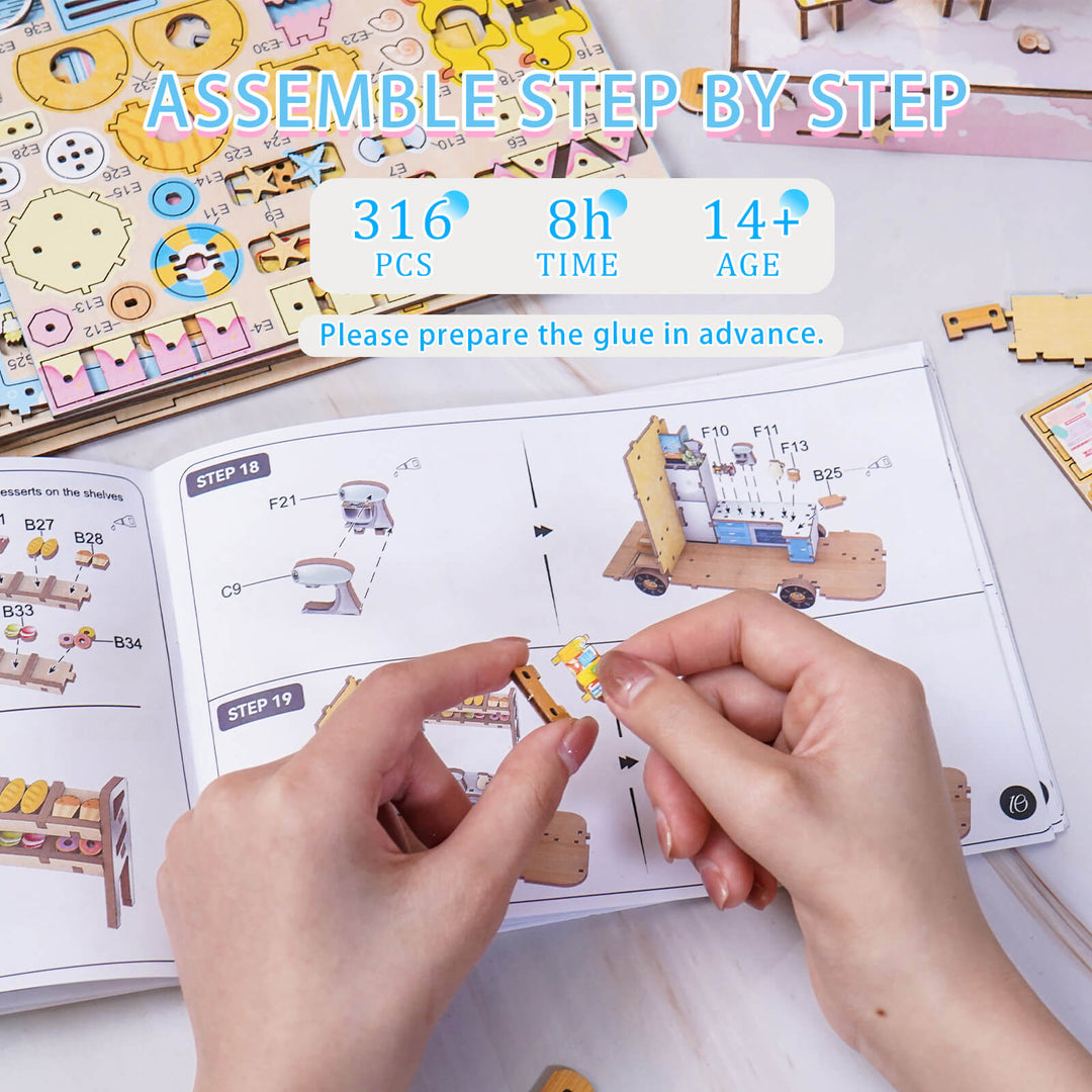 Step-by-step assembly guide for a 3D wooden dessert cart puzzle with hands holding pieces.