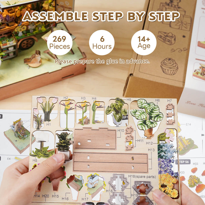 Step-by-step assembly of the 269-piece Flower Cart 3D wooden puzzle, designed for ages 14 and up.