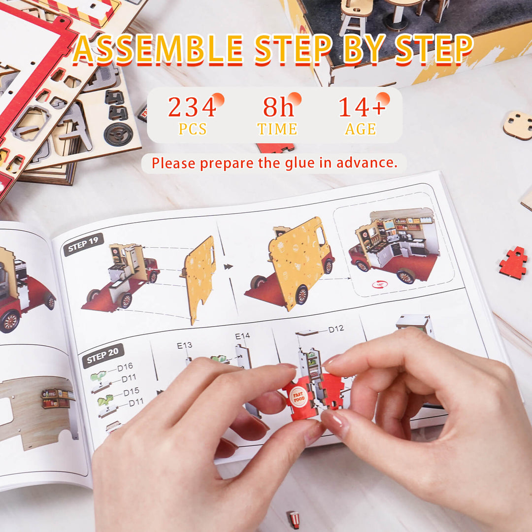 Step-by-step assembly guide for a 3D wooden puzzle fast food cart, featuring 234 pieces and glue preparation instructions.