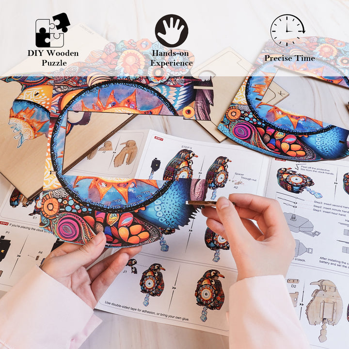 Colorful DIY wooden puzzle pieces displayed with assembly instructions for a parent-child penguin clock.
