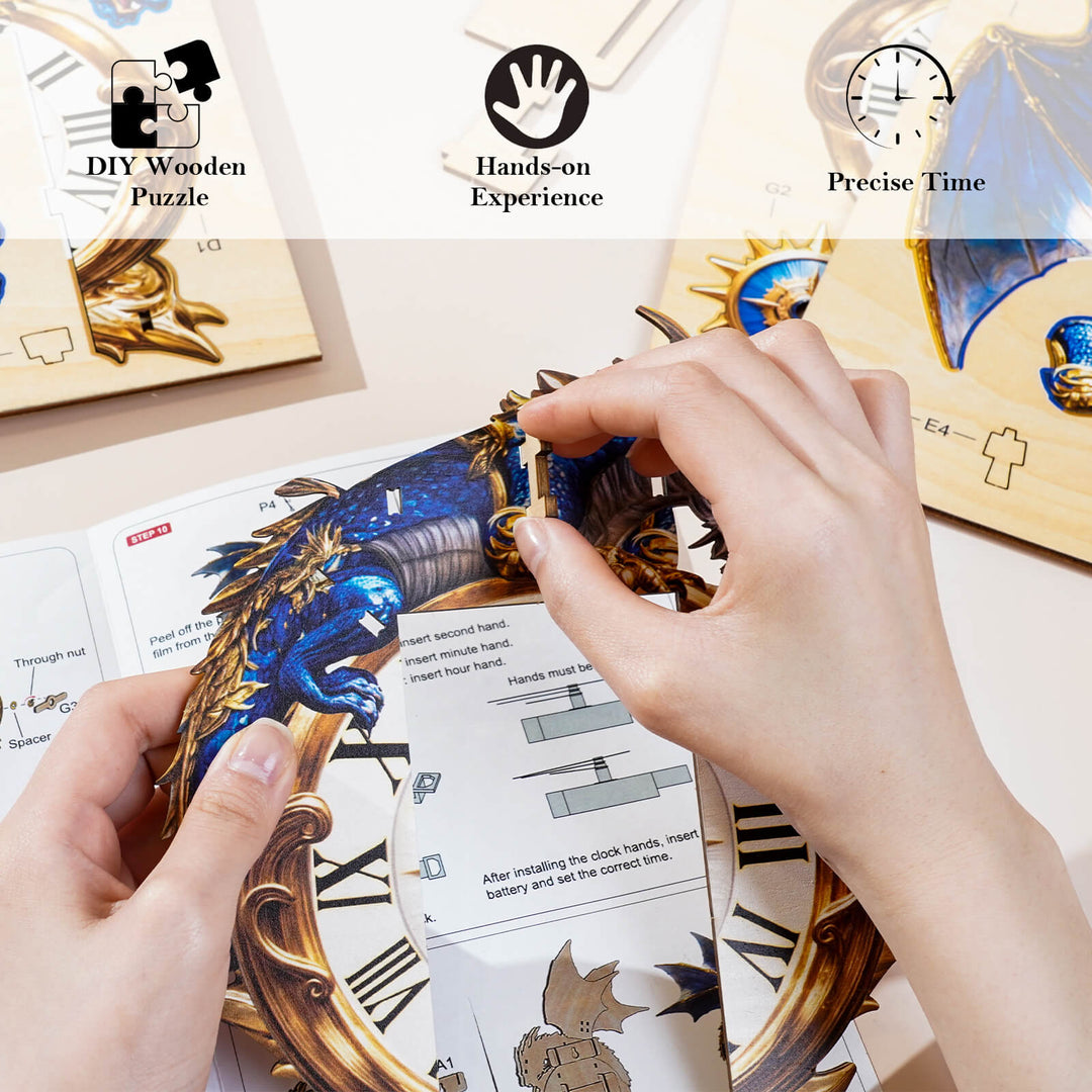 Hands assembling the Blue Dragon DIY wooden clock puzzle, showcasing precision craftsmanship and intricate design.