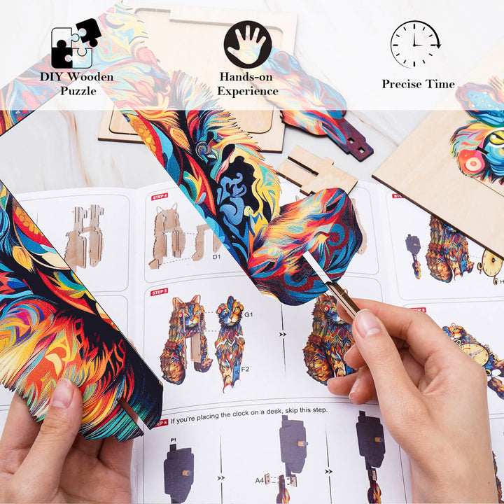 DIY wooden clock puzzle kit with colorful pieces and assembly instructions for a hands-on crafting experience.