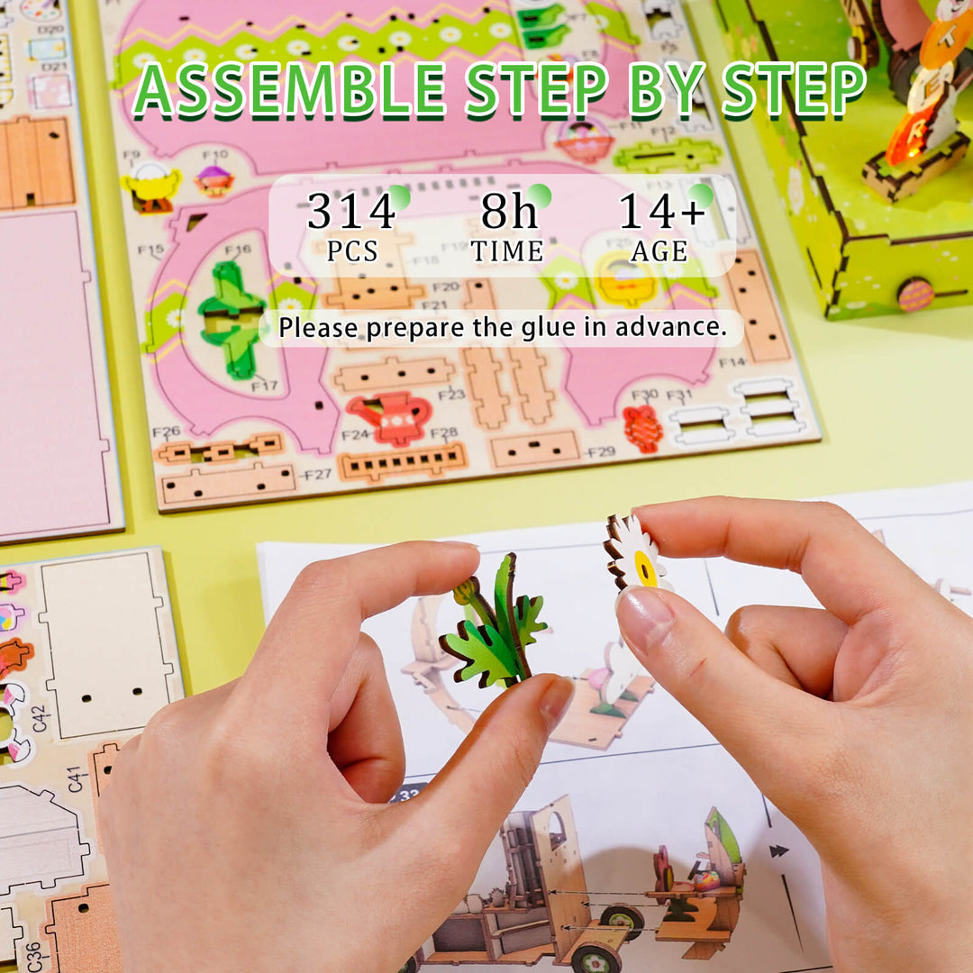 Step-by-step assembly of a 314-piece DIY Easter egg cart wooden puzzle for ages 14 and up.