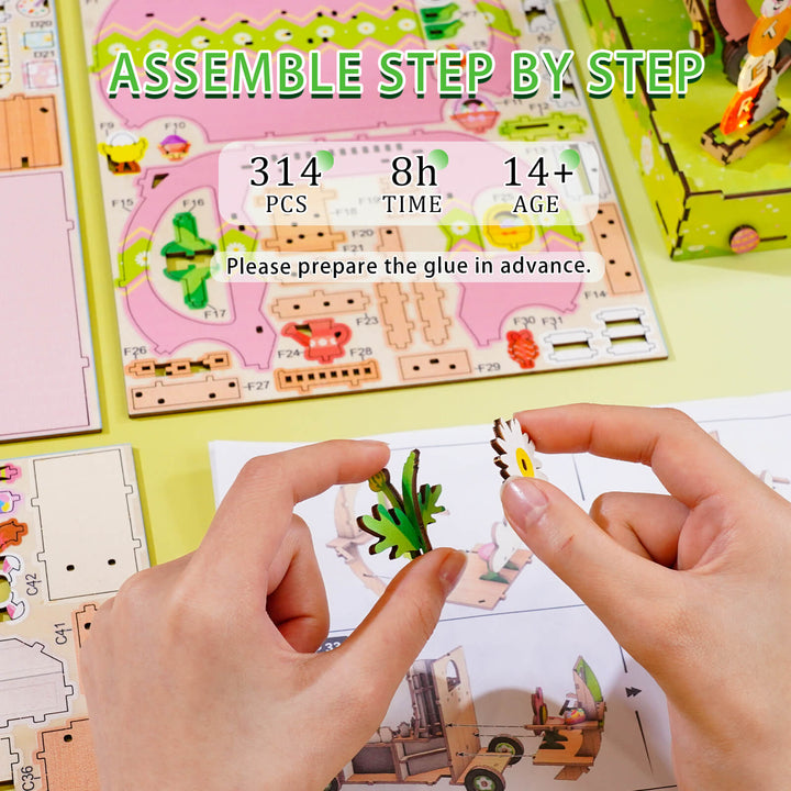 Step-by-step assembly of a 314-piece DIY Easter egg cart wooden puzzle for ages 14 and up.