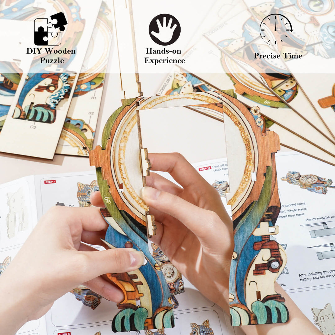 Hands assembling a DIY wooden clock puzzle kit, showcasing precision craftsmanship and a fun, hands-on creative experience.