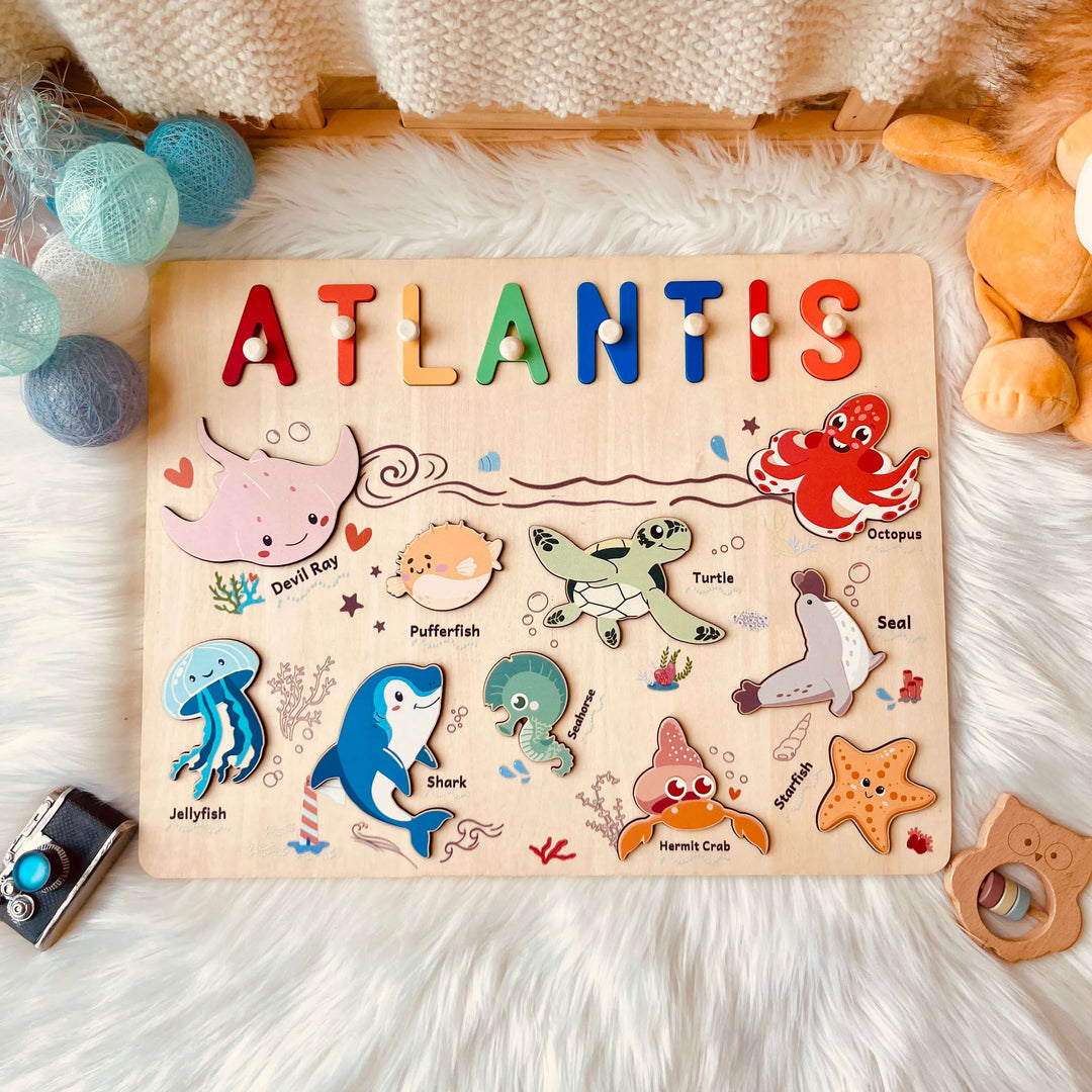 Puzzle en bois personnalisé avec prénom - Jouet animaux marins pour tout-petits