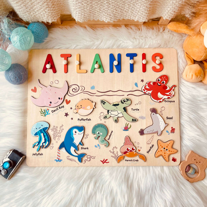 Puzzle en bois personnalisé avec prénom - Jouet animaux marins pour tout-petits
