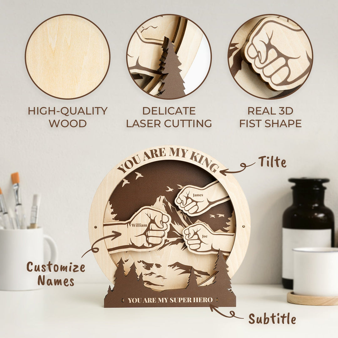 Personalized Fist Wooden Sign showcasing customizable names, high-quality wood, and intricate laser-cut details.