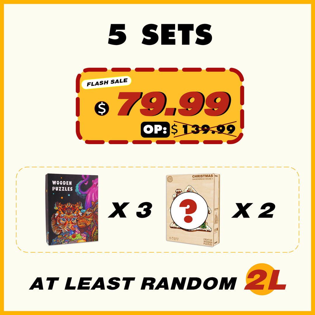 5 sets of wooden puzzles bundle for $79.99, featuring 3 wooden boxes and 2 mystery L-size puzzles on flash sale.