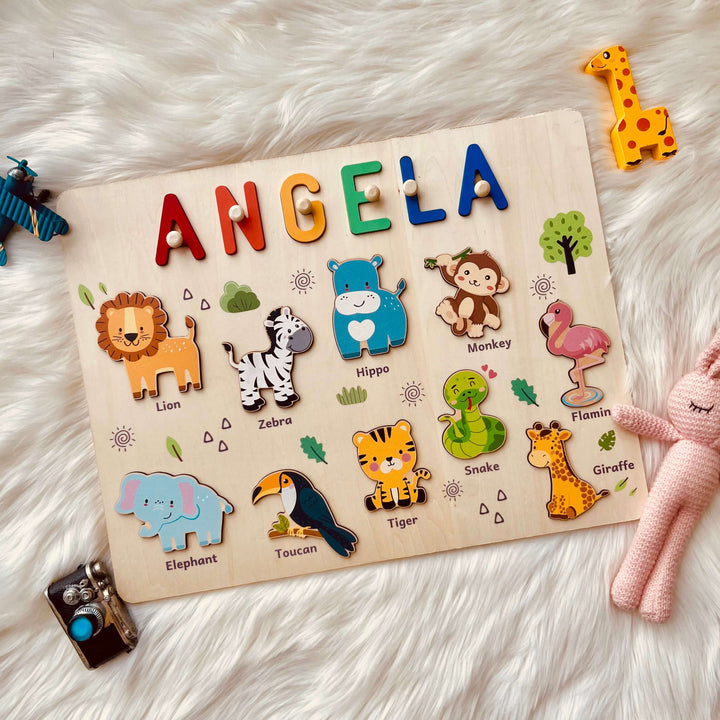 Personalized Wooden Name Puzzle - Safari Animal Toy for Toddlers