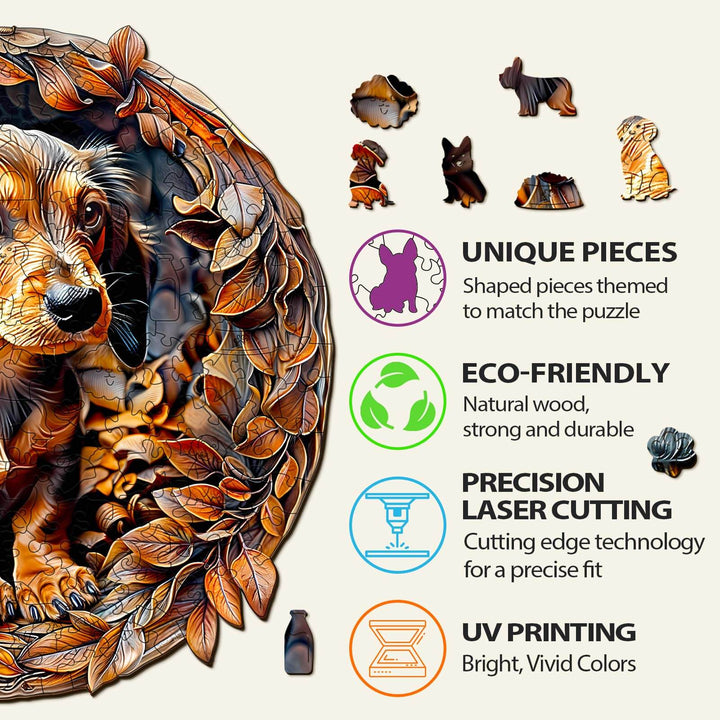 3D Dachshund wooden jigsaw puzzle features unique shaped pieces, eco-friendly material, and precision laser cutting for an engaging experience.