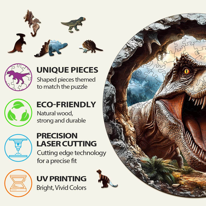 3D T-Rex wooden jigsaw puzzle features unique pieces, precision cutting, eco-friendly materials, and vivid UV printing.