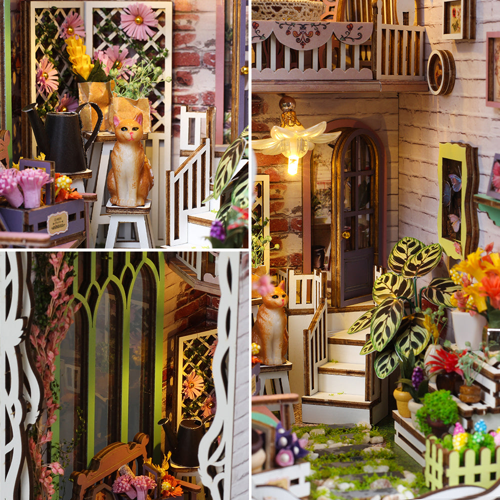 Detailed view of the Flower House DIY Book Nook Kit with wooden puzzle elements, vibrant flowers, and decorative cat figurines.