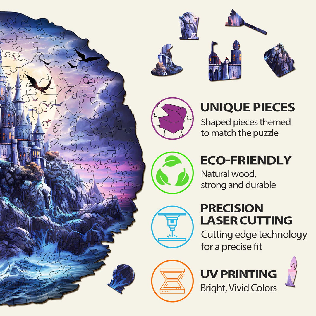 Unique pieces of the Mysterious Castle Wooden Jigsaw Puzzle, eco-friendly materials, precision laser cutting, and bright UV printing.