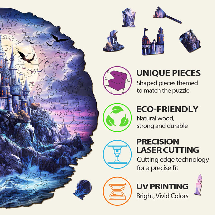 Unique pieces of the Mysterious Castle Wooden Jigsaw Puzzle, eco-friendly materials, precision laser cutting, and bright UV printing.